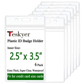Teskyer 6 Pack Extra Thick Plastic ID Card Badge Holder, Vertical Clear Name Card Badge Holder with Waterproof Resealable Zip, 2.5" x 3.5" Inner Size