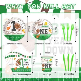 120PCS First Down Football Birthday Party Supplie For Baby Boys Kids 1st Football Birthday Party Decorations Fist Down Game On Tableware Set Plates Napkin Cups For 20 Guests