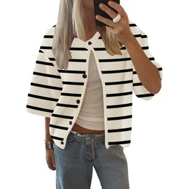 Lomon Womens Short Sleeve Button-Down Cardigan Sweater Spring Summer 2025 (Apricot Black Stripped, L)