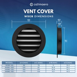 calimaero® WSGB 5" Inch Black Round Metal Air Vent Grill Cover Flat Louver with Fly Screen Fits Only with Metal Ducts
