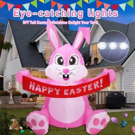 5FT Inflatable Easter Bunny Rabbit Built-in LED lights Illuminated Garden Decor