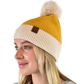 C.C Winter Solid Dual Color Ribbed Knit Pom Cuff Beanie Hat, Mustard