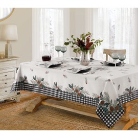 Lintex Festive Berry Black Plaid Country Rustic Bordered Christmas Tablecloth, Cottage Check and Holly Bordered Xmas and Holiday Print Easy Care Fabric Tablecloth, 52 Inch x 52 Inch Square