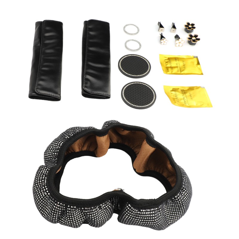 Bling Car Accessories Set Rhinestone Steering Wheel Cover Coaster Starter
