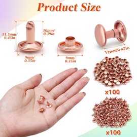 PECMER 100 Sets Double Cap Rivets for Leather Crafting- 9mm Tubular Fasteners for Crafts Leather Rivet Kit -Round Rapid Rivet for Fabric Purse Shoes Belts Repair Rose Gold