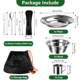 MYHOGOOD Camping Cutlery Set,Stainless Steel Tableware Mess Kit with Plates Cups Forks Spoons Knives,8 in 1 Flatware Dinnerware Utensils Set with Mesh Bag for Outdoor Camping Hiking Picnic(1, Silver)