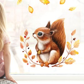 Wandtattoo Loft Window Sticker Autumn Squirrel on Leaf Wreath Reusable Window Stickers Nursery 1st A4 Sheet