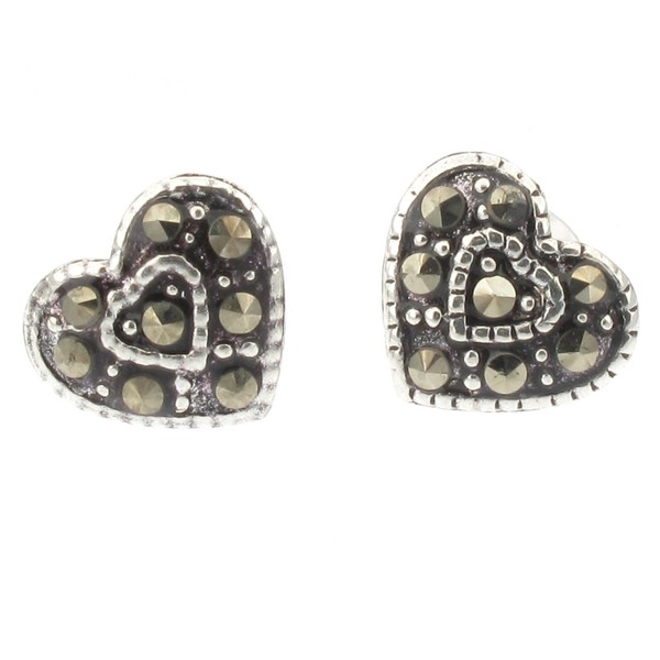 Touch Jewellery 925 Sterling Silver Heart Stud Earrings with Marcasite