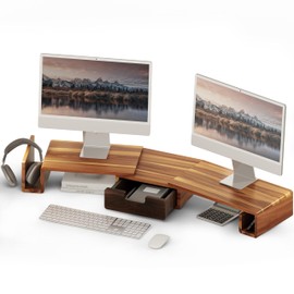 BLUEWEST Acacia Wooden Dual Monitor Stand Riser with Drawer, 40.4'' Ergonomic Monitor Stand for Desk with Adjustable Length and Swivel Angle, Wooden Desktop Organizer for Laptop, PC, Computer, Printer