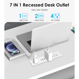 VILONG Flat Plug Recessed Power Strip with PD 20W USB-C, Flush Mounted Drawer Outlet, 4 AC Outlets & 3 USB Ports, Conference Desktop Built in Power Strip, 10FT Extension Cord(White)
