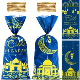 GITMIWS GITMIWS 100 Pcs Eid Mubarak Cellophane Treat Bags, Ramadan Cello Goodie Bags with Twist Ties, Cellophane Ramadan Mubarak Goody Gift Bags for Eid Mubarak Party Decorations (2 Pattern)