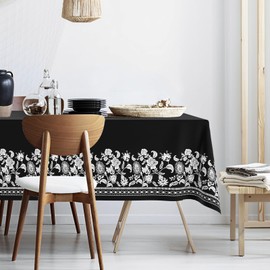 Ablecozy Black White Flowers Fabric Waterproof Tablecloth,Rectangle Watercolor Wrinkle Oil-Proof Resistant Table Cover for Dining Table, Buffet Parties and Camping,(60" x 84" inch)