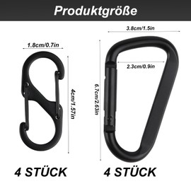Set of 8 Carabiner Hooks, Includes 4 D-Clips Carabiner Hooks & 4 S Carabiner Hooks, Aluminium Metal Double Carabiner, Black Carabiner for Camping, Hiking, Backpack