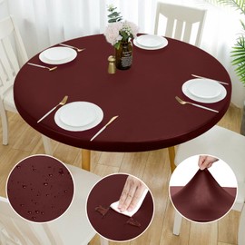 Rinpon Double Fitted Design PU Round Fitted Tablecloth, Anti-Tear Wipeable Elastic Round Tablecloth, Soft-Touch Fitted Tablecloth, Waterproof Oil-Proof Tablecloth (Burgundy, 57 - 60 inches)