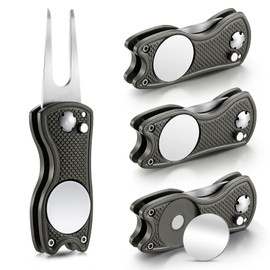 Skylety 4 Pieces Golf Divot Repair Tool with Magnetic Button Ball Marker Divot Tool Stainless Steel Foldable Switchblade Golf Green Divot Tool for Golfers Golf Prizes(Gray)