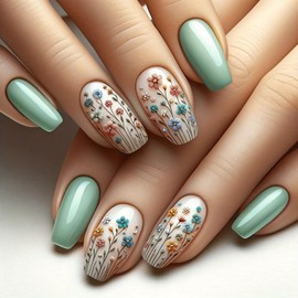 Flower Press on Nails Short Square Fake Nails Green White False Nails Full Cover Acrylic Nails Press ons Spring Floral False Nails with designs Stick on Nails Gel Glue on Nails for Women Summer Nails