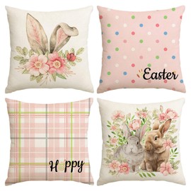 Grtfcolr Easter Pillow Covers 18x18 Set of 4 Easter Decorations for Spring Farmhouse Pillows Outdoor Decorative Throw Pillows Buffalo Plaid Bunny Eggs Throw Cushion Case for Home Decor