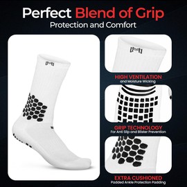 MediCaptain Soccer Grip Socks with Padded Ankle Protection, Non-Slip Grip for Blister Prevention, 13+ Years for Tennis, Pickleball, Football (US, Alpha, One Size, Regular, Regular, White)