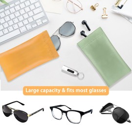 REEKNOKOL 2Pcs Leather Sunglasses Case, Soft Glasses Case Squeeze Top Sunglasses Case with Cleaning Cloth Water Proof Glasses Pounch for Women Men (Green&Orange)