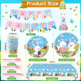 WINTS Happy Easter Party Supplies,152 Pcs Easter Tableware Set with Bunny Plates Napkins Cups Banner Tablecloth for Spring Eater Party Decorations Serves 25