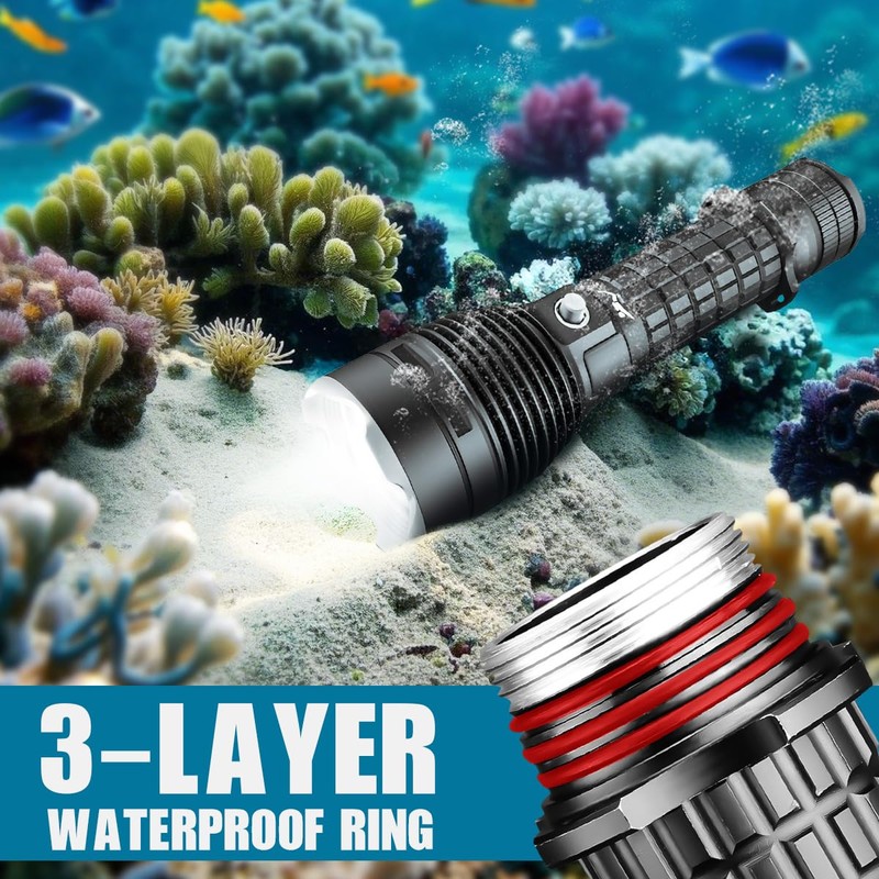 HECLOUD 3000LM Diving Flashlight IPX8 Waterproof Scuba Light 3 Modes