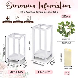 Geelin 12 Set Wooden Lanterns for Wedding Centerpieces Include 12 Wooden Lantern 12 LED Candle 12 Eucalyptus Leaves Wreath for Wedding Baby Shower Farmhouse Table Decor(10.59'', 13'',White)