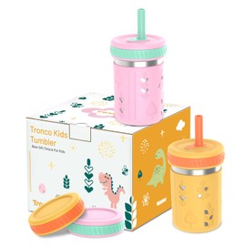 Tronco Stainless Steel Sippy Toddler Cups, 10 oz Mason Jar Kids Smoothie Cups with Silicone Sleeves and Straws, Spill Proof, BPA-Free, Toddler Snack Cups