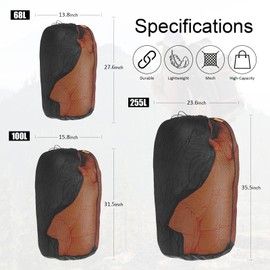 OMVMO 2Pcs 100L Mesh Sleeping Bag Storage Sack Stuff Sack Mesh Laundry Bag Drawstring Bag，Tear-Resistant Polyester Mesh,300D Oxford Bottom,Anti-Dirt and Water-Resistant.