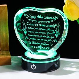 YWHL 40th Birthday Gifts for Women Men Born In 1983, Laser Crystal Heart with Colorful Light Base Happy 40th Birthday Decorations, Birthday Gifts for 40 Year Old Women Men Mom Sister Wife Friends