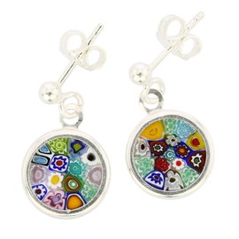 Glass Of Venice Italian Murano Glass Earrings Small Stud Round Multicolor Millefiori Flower In Sterling Silver 3/8 Inch - Murano Glass Earrings For Women