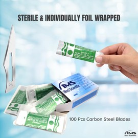 IMEDS Scalpel Blades #25 Sharp Carbon-Steel Sterile Pack of 100 with Free Stainless Steel Scalpel Handle #4 Graduated Kit to Make Finest Precision Cuts, Durable Quality for Experts & Professionals