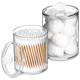 XIPENGKEJI 2 Pack Qtip Holder,Canister Apothecary Jar Set, Bathroom Jars with Lids Set for Cotton Swabs, Balls, Pads, Floss Picks,10oz-12oz Plastic Canisters Restroom Bedroom Vanity Organizer(Clear)