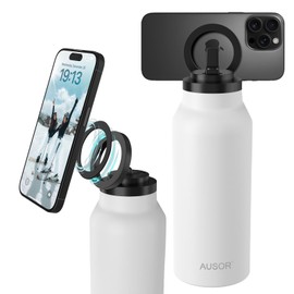AUSOR Insulated Water Bottle with Magnetic Phone Holder - Stainless Steel Water Bottle With Magnetic Phone Tripod Mount - Hot 12H, Cold 24H, 360° Rotate - White 32oz
