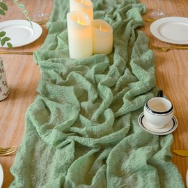 2Pcs Cheesecloth Table Runner 35x120 Inches Boho Gauze Sheer Fabric Table Runner 10ft Cheese Cloth Table Centerpieces for Party Classy Bridal Shower Weddings Graduation Decorations(Sage Green)