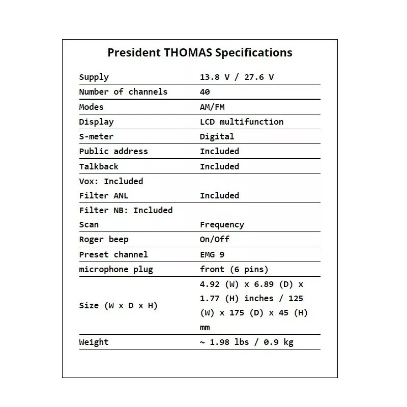 President Thomas 40 Channel AM FM CB Radio The First