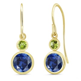 Gem Stone King 14K Yellow Gold Blue Created Sapphire and Green Peridot Drop Dangle Earrings For Women (2.24 Cttw, Gemstone September Birthstone, Round 6MM and 3MM)