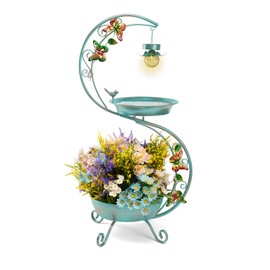 SPEED MATE Bird Bath for Outside with Solar Lamp, 36" Birdbaths for Outdoors with Planter Flower Pot, Metal Bird Bath Bowl for Garden Yard Decor (All Blue Green)