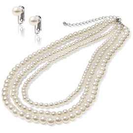 [LunArts] Pearl Necklace, 3 Rows of Earrings or Earrings Set, 0.3 inches (8 mm), Pearl, Ceremonial Occasions, Weddings, Pearls