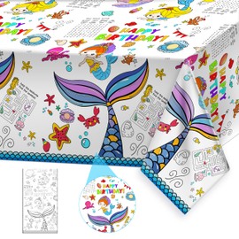 Mermaid Coloring Tablecloth for Kids - Giant Mermaid Theme Happy Birthday Table Cover Large Mermaid Tail Painting Poster for Children Mermaid Birthday Decorations 54x108 Inch