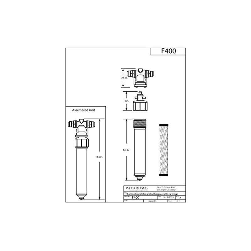 Westbrass F400 Under Sink In-Line Water Filter Unit and Cartridge