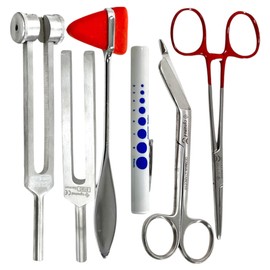 6PK Neuro Examination Tuning Forks 128Hz & 512Hz with Taylor Reflex Hammer, Penlight, Lister Bandage Scissors 5.5in, Hemostats 5.5in Straight - with Pouch Case