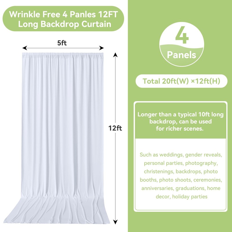 20ftx12ft Wrinkle Free White Backdrop Curtain, 4 Panels 12FT Height