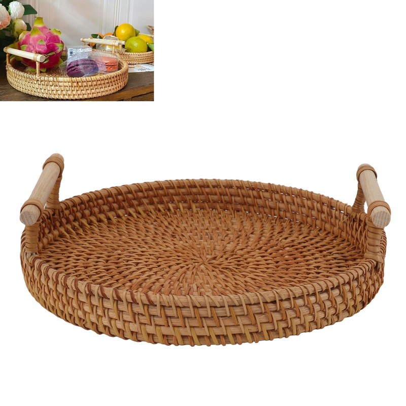 Rattan Fruit Tray with Solid Wood Handles Exquisite Hand Woven