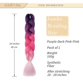 Gairyan Braiding Hair Extensions for Braiding 1 Bundle 100g 24" Ombre Jumbo Braiding Hair Colorful Synthetic Hair for Braid Soft Box Braids Crochet Twists (Purple-Rose Red-Pink)