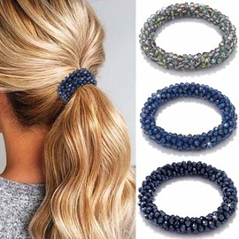 Fashey Rhinestone Hair Ties Elastic Ponytail Holder 3 Pcs Crystal Hair Scrunchies Hair Accessories for Women and Girls (blue,green,dark blue)