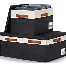 GhvyenntteS Large Storage Bins with Lids (3-Pack) Large Closet Storage Bins with Lid and 3 PU Handles, Foldable Fabric Storage Boxes with Label Window for Home Bedroom Office (Black, Large)