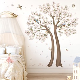 decalmile Wandtattoo Baum Groß Blüten Weiß Wandaufkleber Weiß Blumen Vögel Zweig Wandsticker Schlafzimmer Wohnzimmer TV Wand Haus Wanddeko(H:154cm)