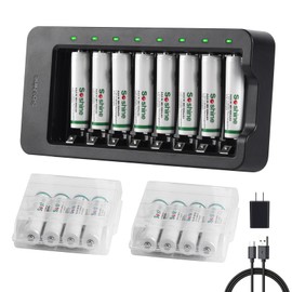 AAA Battery Charger with 16Pack AAA 800 Rechargeable Batteries, 8 Bay Smart Charger with LED Indicators, Independent Slots USB-C Charger for NiMH Rechargeable Batteries