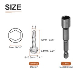 DTGN 100Pcs #12x3/4" Hex Washer Head Self Drilling Screws, 410 Stainless Steel Self Tapping Sheet Metal Screw Set with Washer & Hex Bit Socket