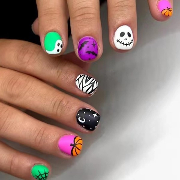 Halloween Press on Nails Short Square Pink Green Glue on